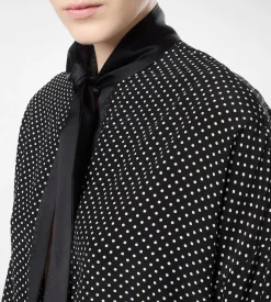 POLKA DOT SILK CREPE DE CHINE LAVALLIERE TUNIC TOP WITH TUXEDO DETAILS