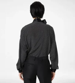 POLKA DOT SILK CREPE DE CHINE LAVALLIERE TUNIC TOP WITH TUXEDO DETAILS