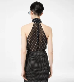 POLKA DOT SILK GEORGETTE HALTERNECK LAVALLIERE TOP WITH PLISSE DETAIL