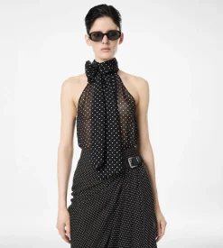 POLKA DOT SILK GEORGETTE HALTERNECK LAVALLIERE TOP WITH PLISSE DETAIL
