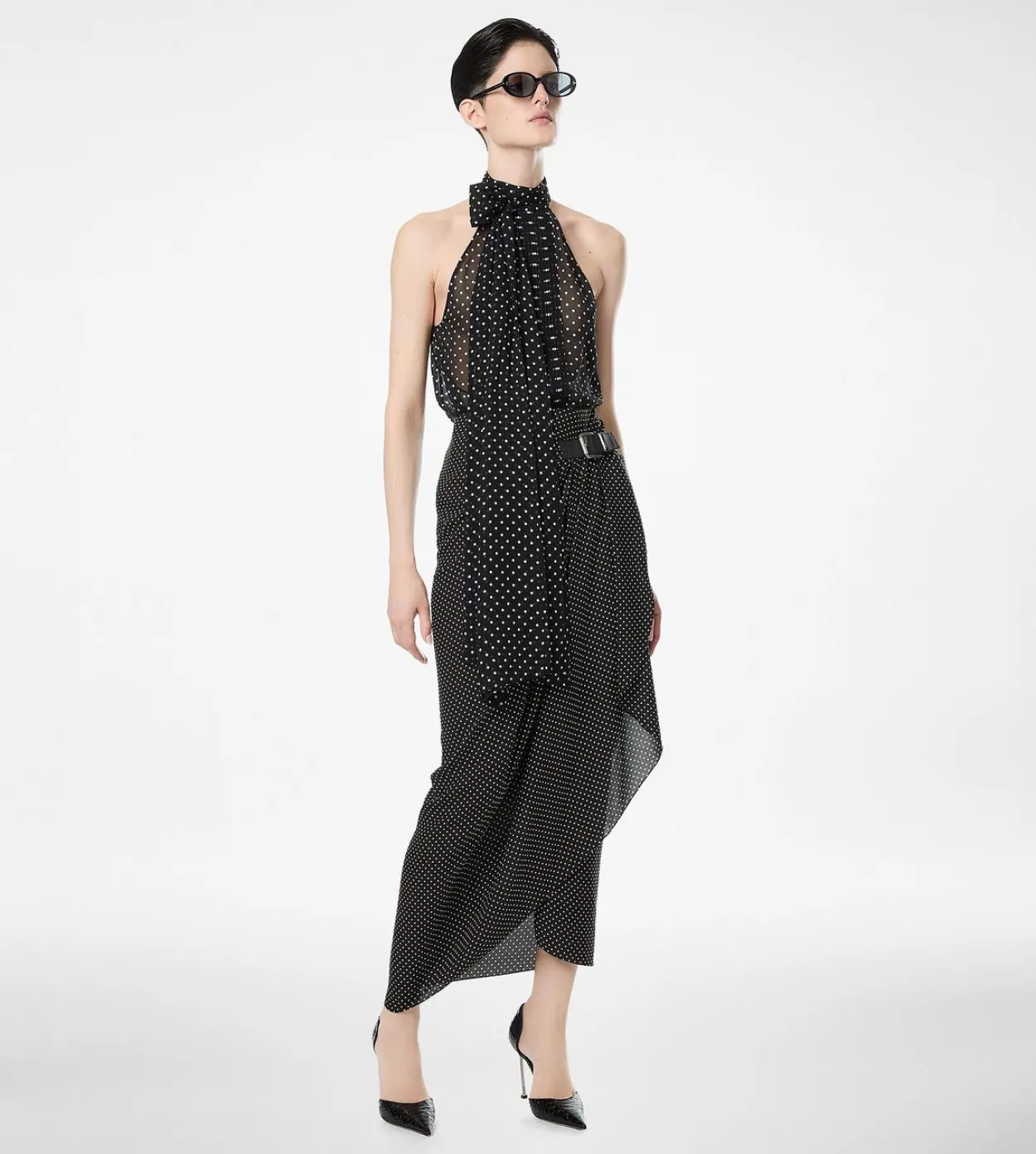 POLKA DOT SILK SABLE WRAP SKIRT WITH LEATHER DETAIL