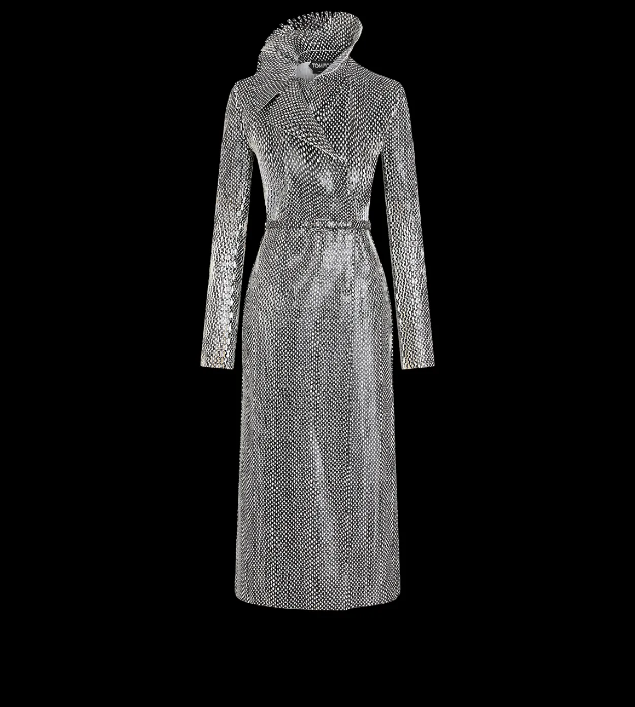 PRINTED PERFORATED CALF LEATHER DOUBLE BREASTED TRENCH COAT WITH SELF BELT