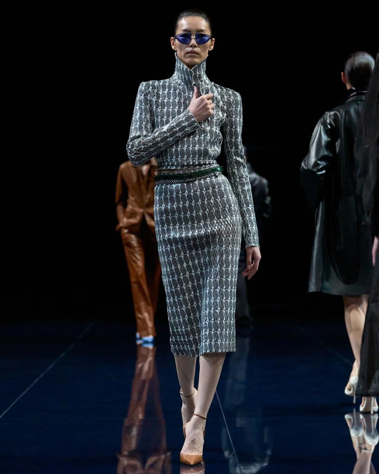 PRINTED PERFORATED LEATHER PENCIL SKIRT WITH SELF BELT