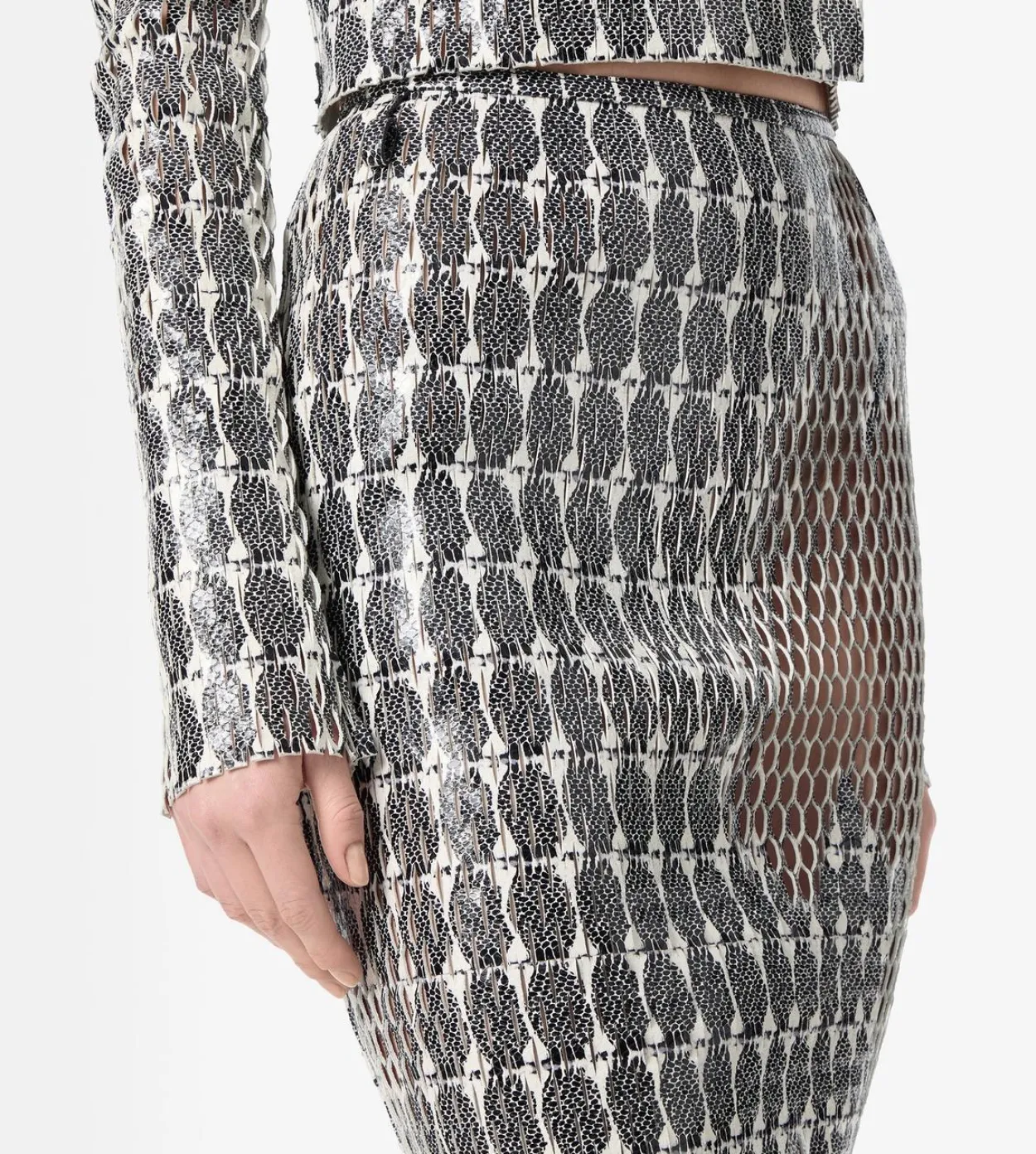 PRINTED PERFORATED LEATHER PENCIL SKIRT WITH SELF BELT