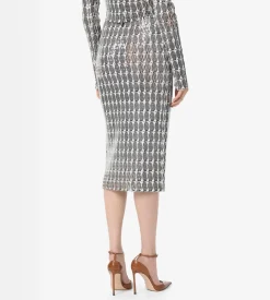 PRINTED PERFORATED LEATHER PENCIL SKIRT WITH SELF BELT