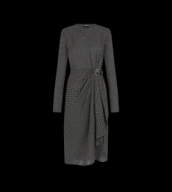 PRINTED SILK SABLE LONG SLEEVE DRESS WITH LEATHER DETAIL