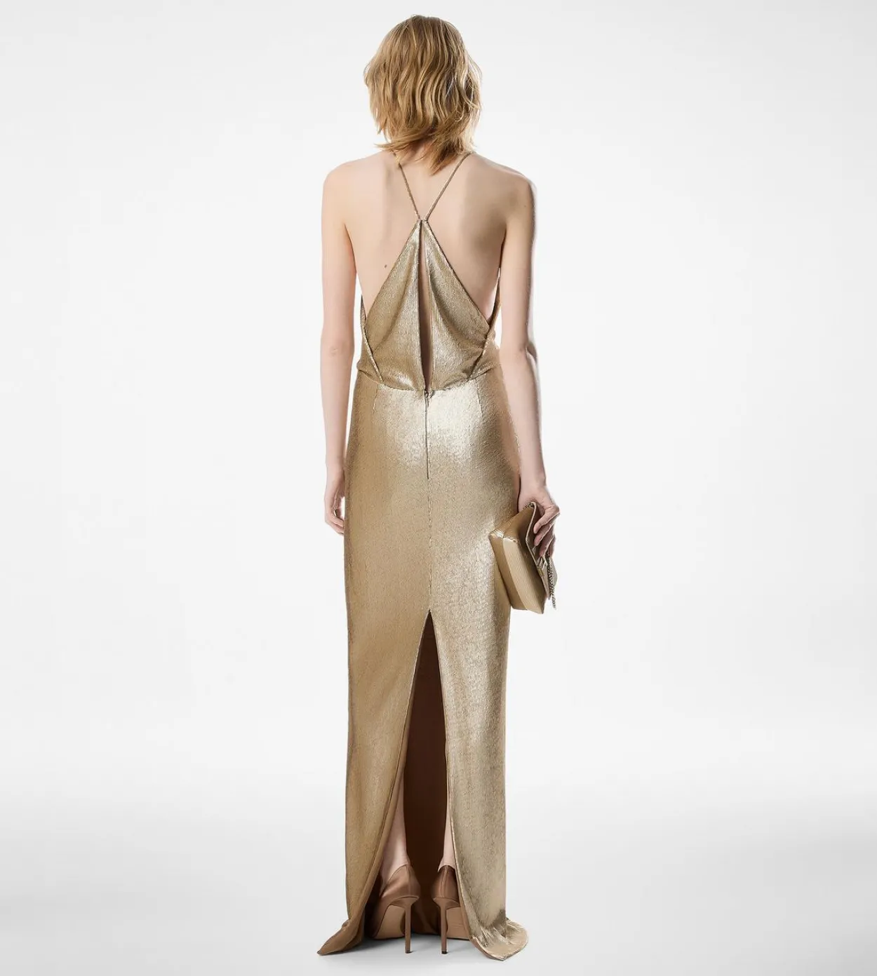 SEQUIN EMBROIDERY V-NECK EVENING DRESS WITH CUT OUT