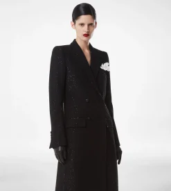 SEQUINED WOOL BLEND CREPE DOUBLE BREASTED COAT