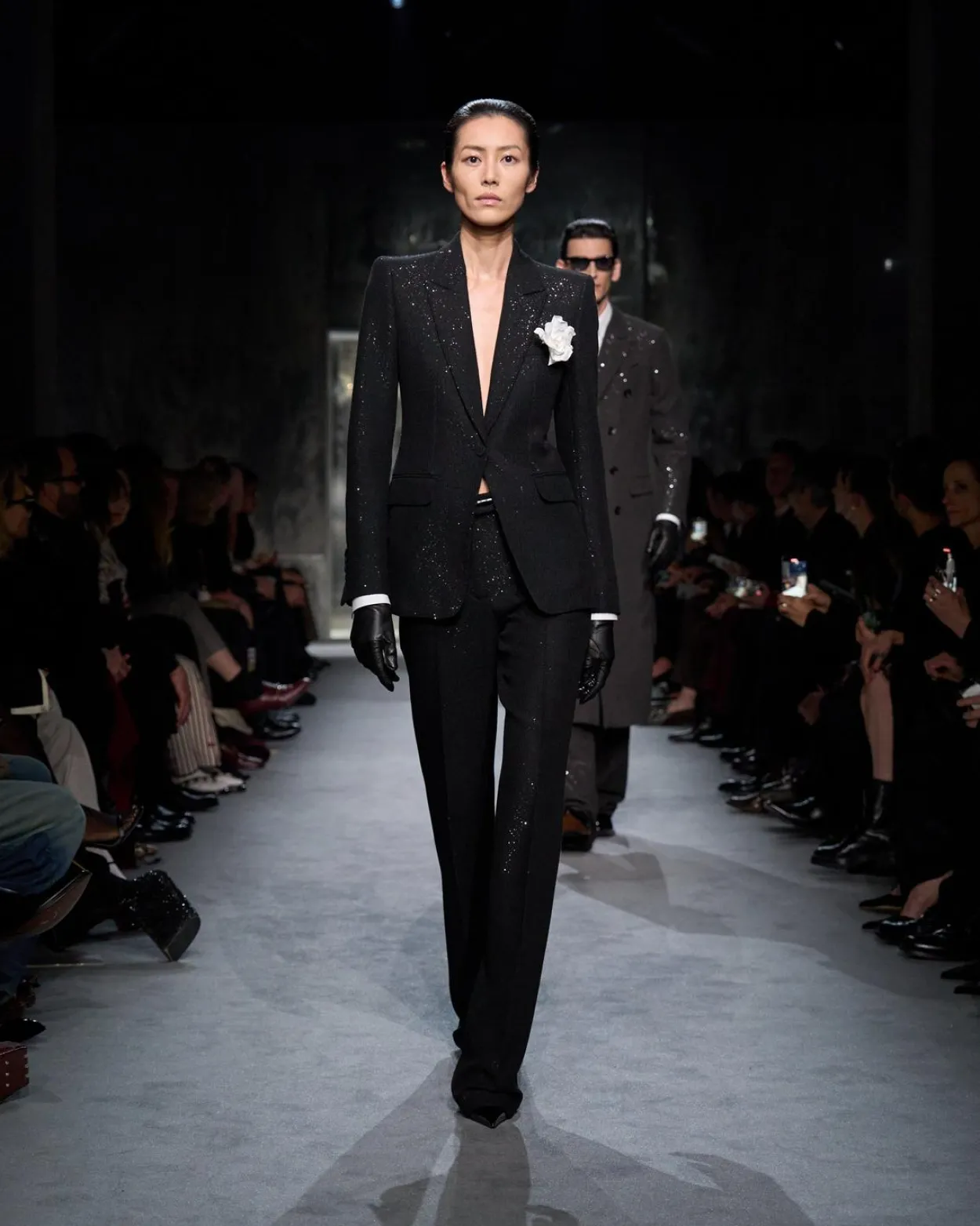 SEQUINED WOOL BLEND CREPE TAILORED STRAIGHT PANTS