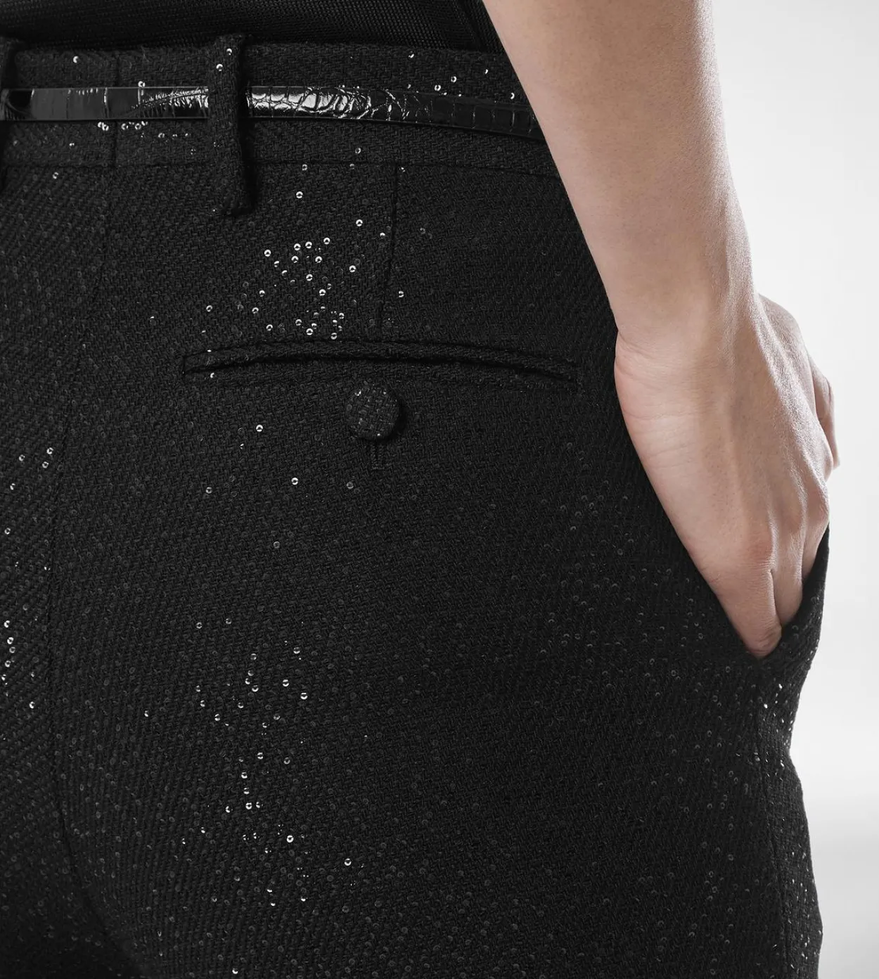 SEQUINED WOOL BLEND CREPE TAILORED STRAIGHT PANTS