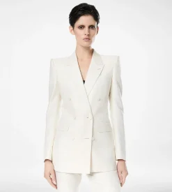 SHADOW STRIPE WOOL SILK DOUBLE BREASTED PEAK LAPEL JACKET
