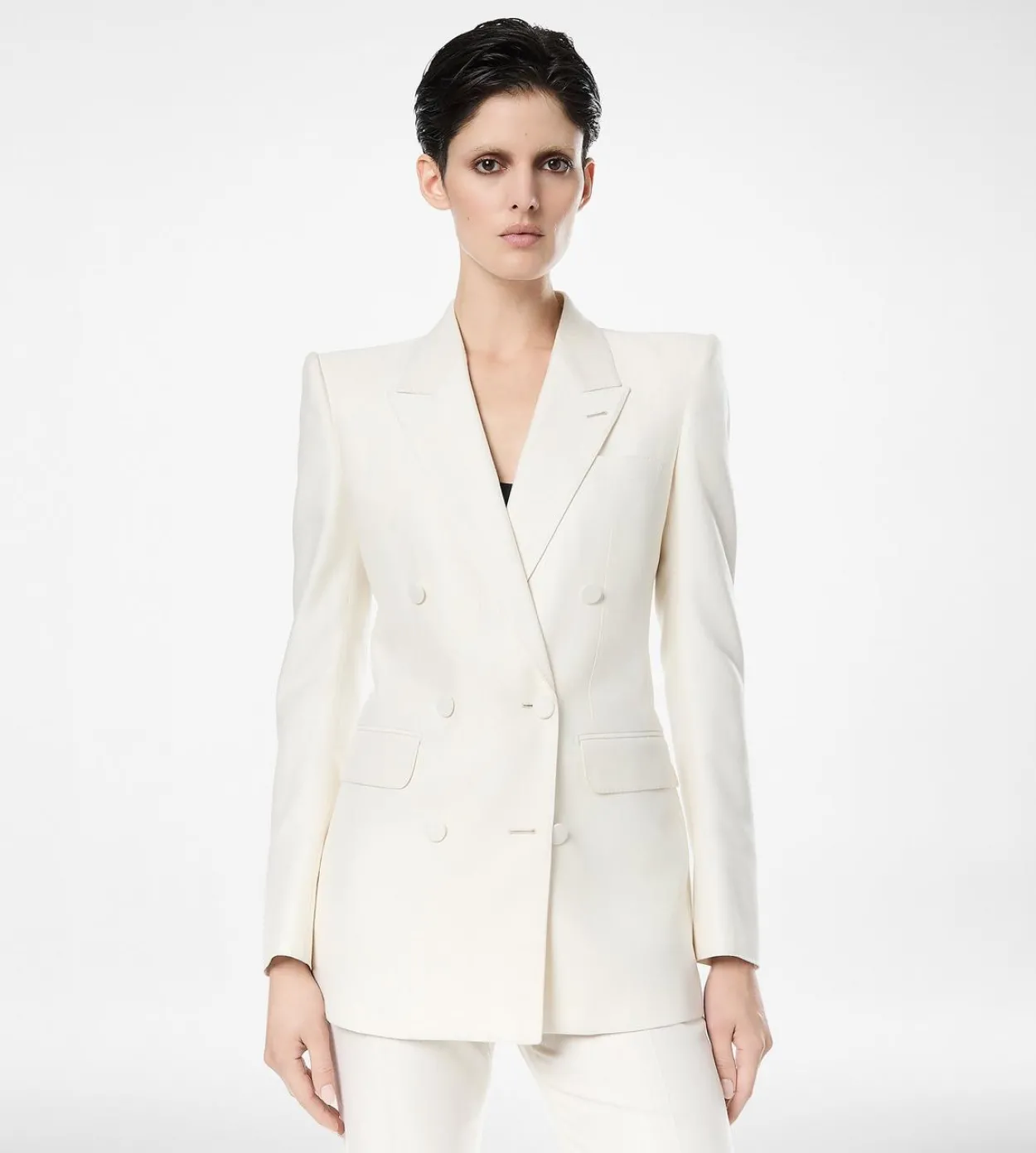 SHADOW STRIPE WOOL SILK DOUBLE BREASTED PEAK LAPEL JACKET