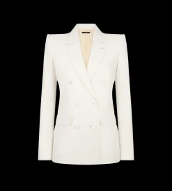 SHADOW STRIPE WOOL SILK DOUBLE BREASTED PEAK LAPEL JACKET