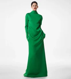 SHINY CREPE MOCK NECK COLUMN EVENING DRESS