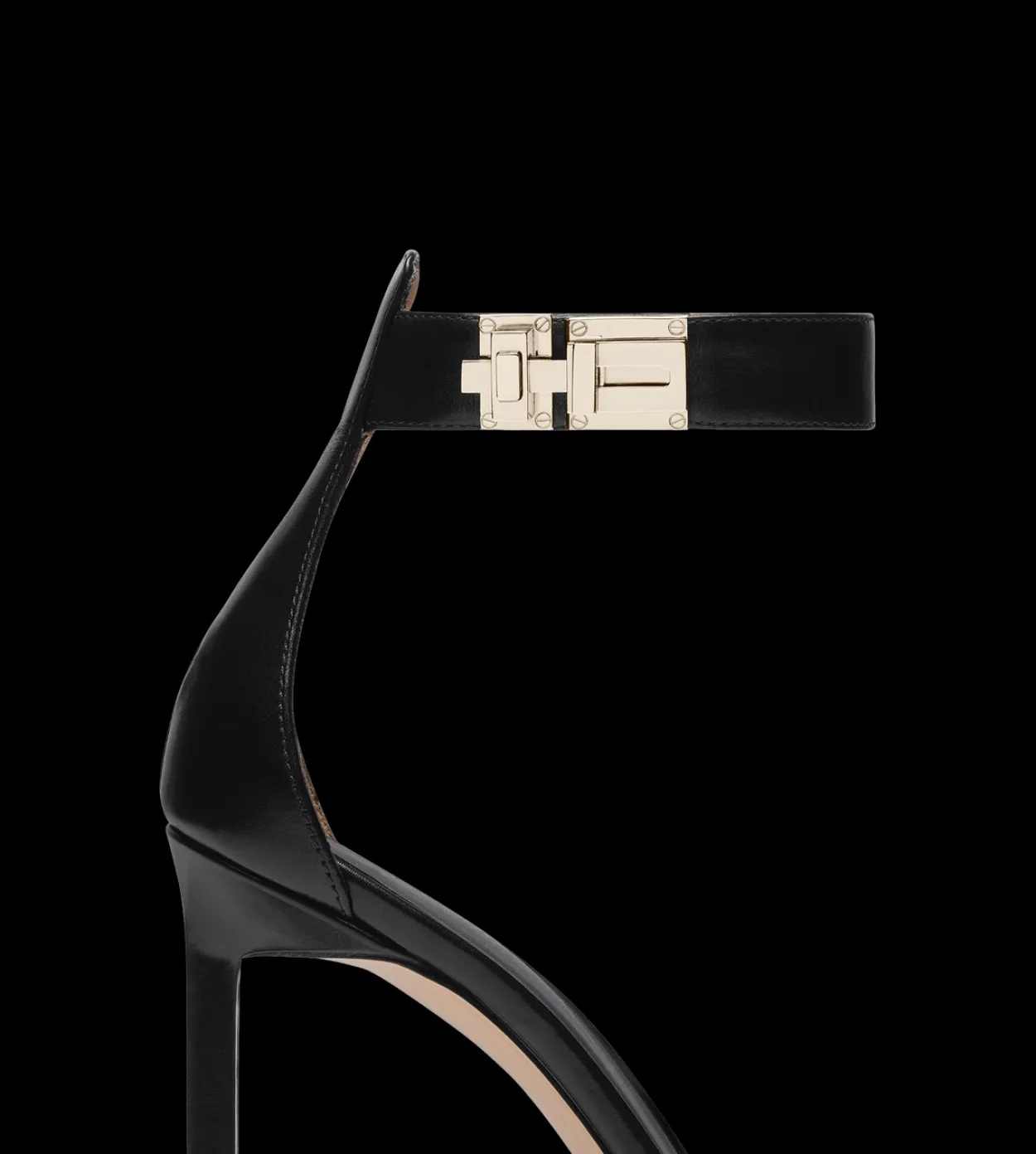 SHINY LEATHER T LATCH ANKLE STRAP SANDAL