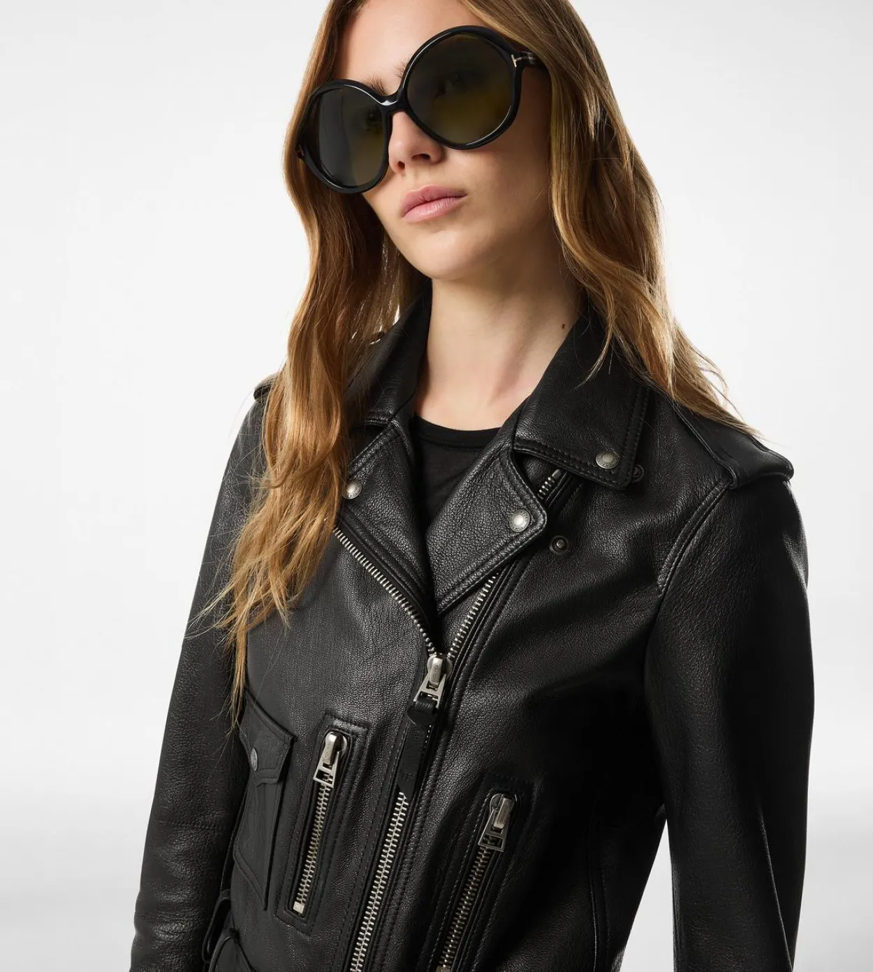 SHINY PLONGE LEATHER BIKER JACKET