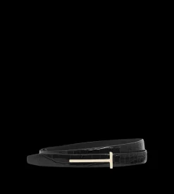 SHINY STAMPED CROCODILE LEATHER SLIM T BELT
