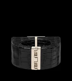 SHINY STAMPED CROCODILE LEATHER AND BRASS DECO BRACELET