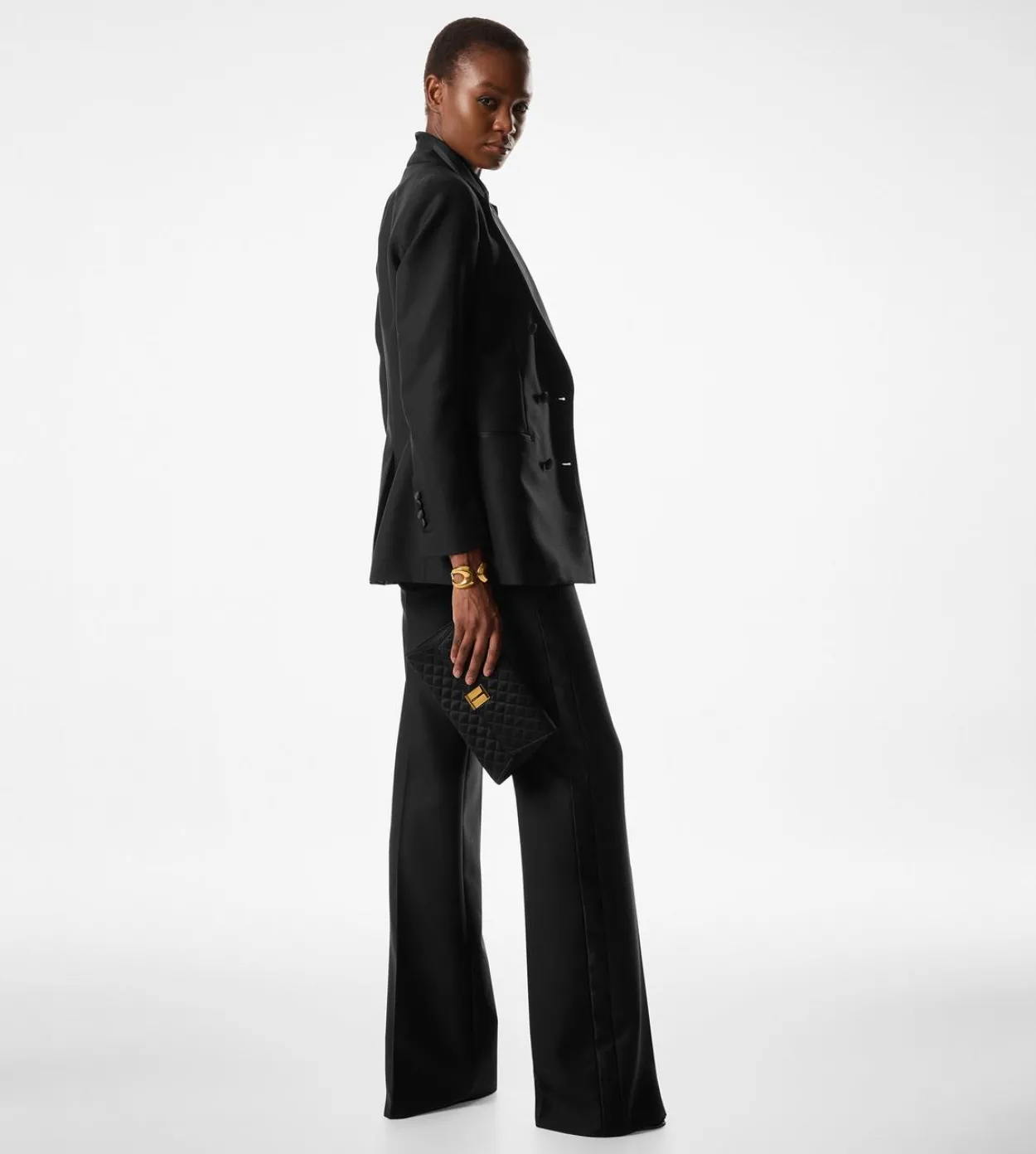 SILK BLEND TWILL TUXEDO TAILORED BOOT CUT PANTS
