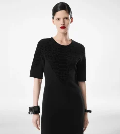 SILK CHENILLE EMBOSSED PYTHON CREWNECK DRESS