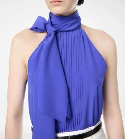 SILK HALTERNECK LAVALLIERE TOP WITH PLISSE DETAIL
