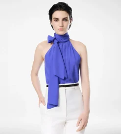 SILK HALTERNECK LAVALLIERE TOP WITH PLISSE DETAIL
