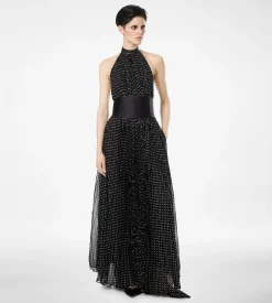 SILK HALTERNECK SUNRAY PLISSE EVENING DRESS WITH LEATHER DETAIL