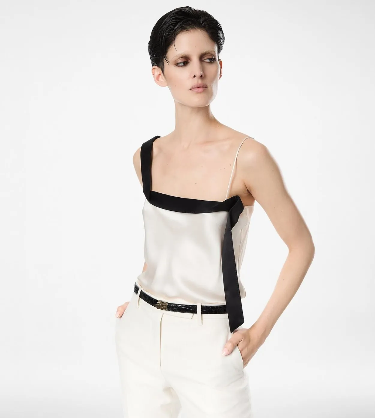 SILK SATIN CAMISOLE TOP WITH TUXEDO BAND