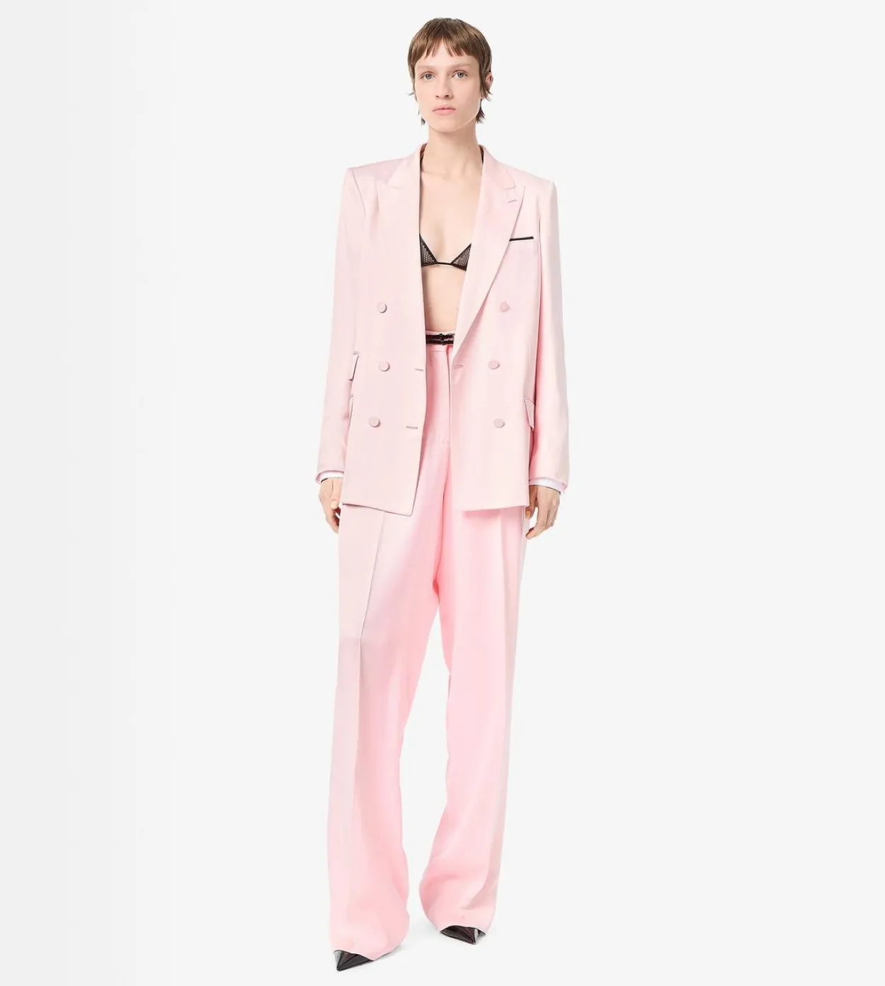 SILK SATIN DOUBLE BREASTED PEAK LAPEL JACKET