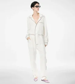 SILK TWILL PJ SHIRT WITH PIPING AND TONAL TF EMBROIDERED LOGO