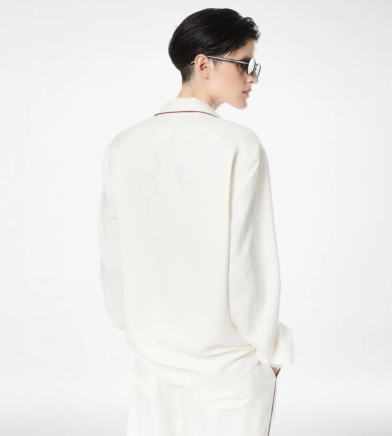 SILK TWILL PJ SHIRT WITH PIPING AND TONAL TF EMBROIDERED LOGO