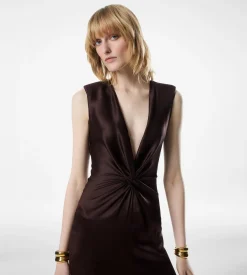 SLEEVELESS DEEP V-NECK TWIST FRONT SILK EVENING DRESS