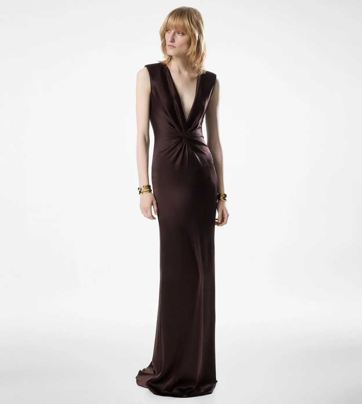 SLEEVELESS DEEP V-NECK TWIST FRONT SILK EVENING DRESS