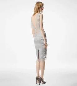 SLEEVELESS SILK TOP WITH V-BACK AND LACE INSERTS