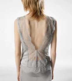 SLEEVELESS SILK TOP WITH V-BACK AND LACE INSERTS