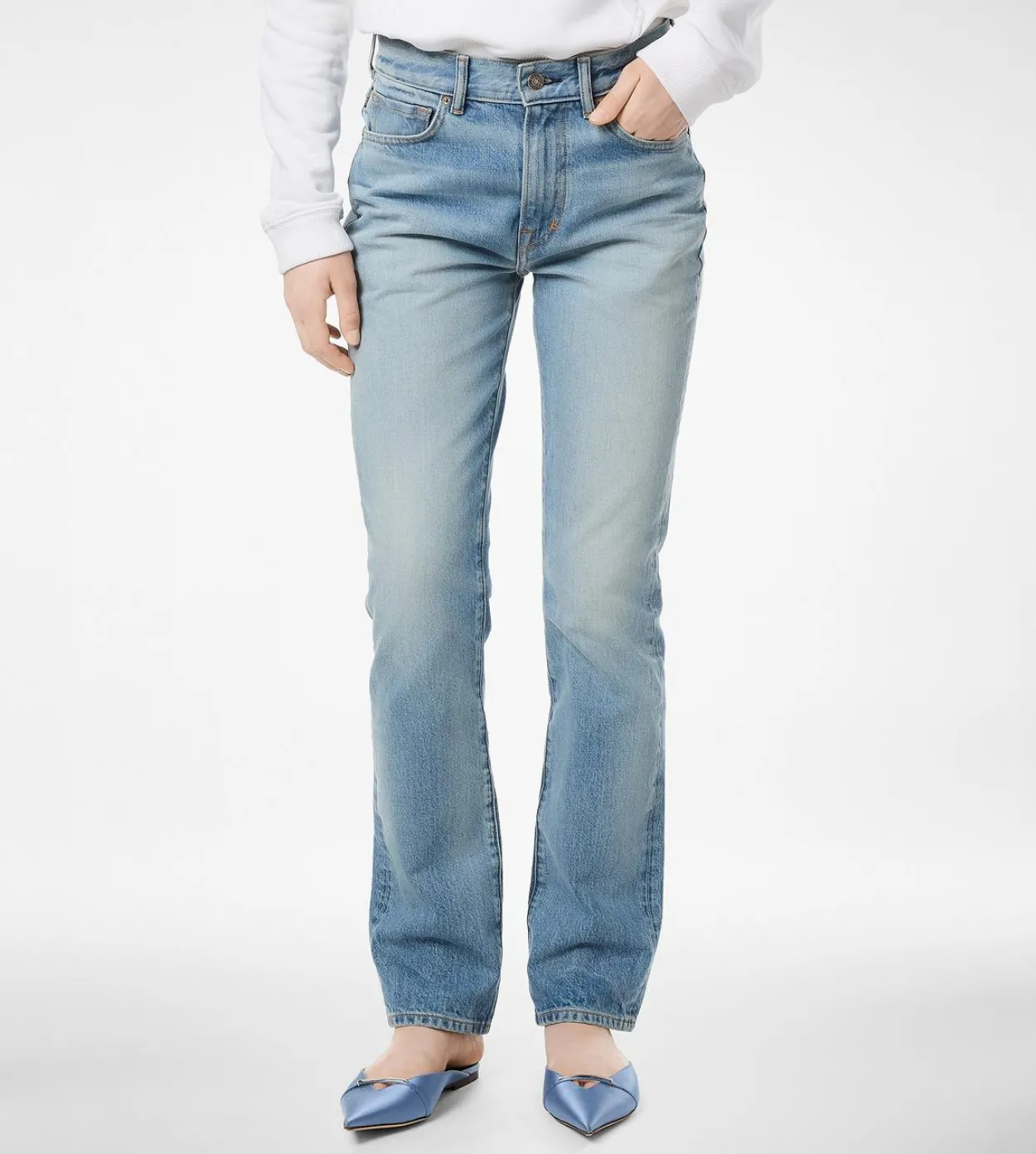 STONE WASHED DENIM STRAIGHT FIT PANTS