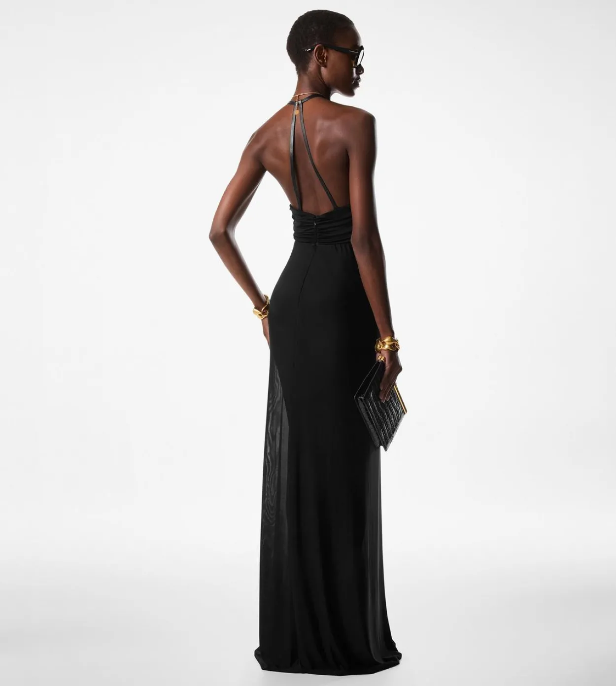 STRETCH JERSEY DEEP V-NECK EVENING DRESS