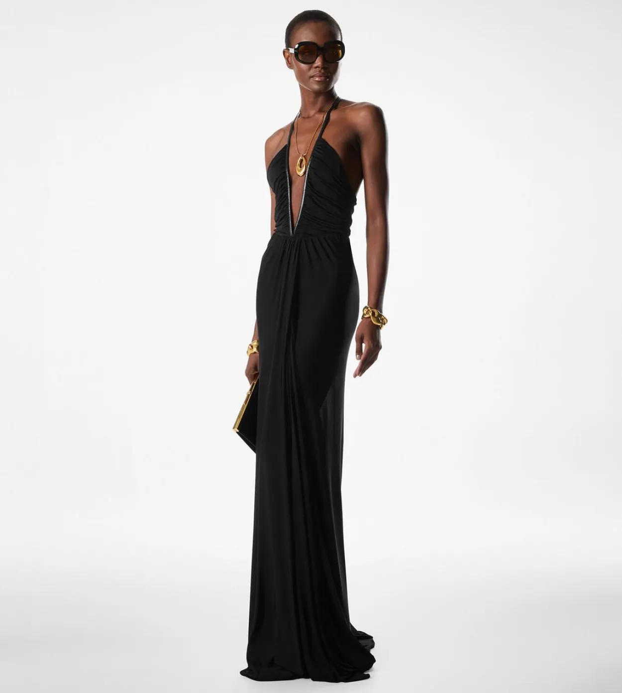 STRETCH JERSEY DEEP V-NECK EVENING DRESS