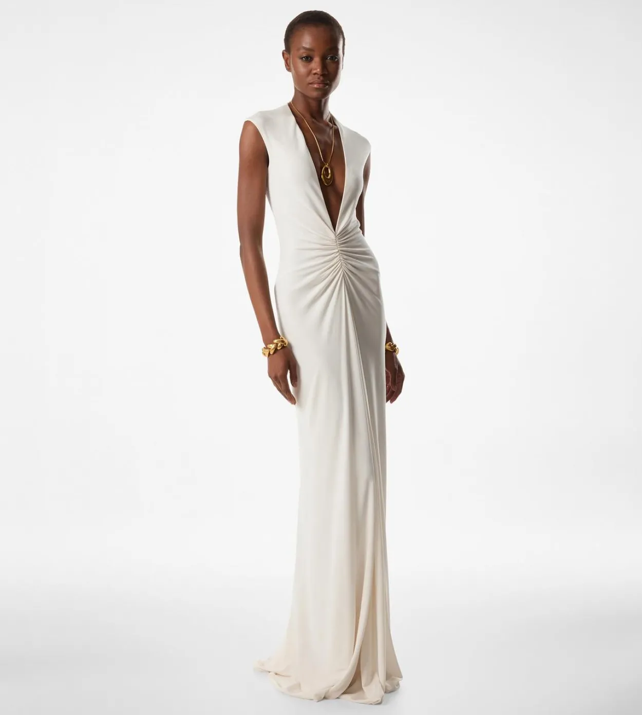 STRETCH SABLE' JERSEY DEEP V-NECK EVENING DRESS