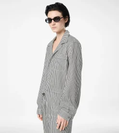 STRIPED SILK PJ SHIRT WITH PIPING AND TONAL TF EMBROIDERED LOGO