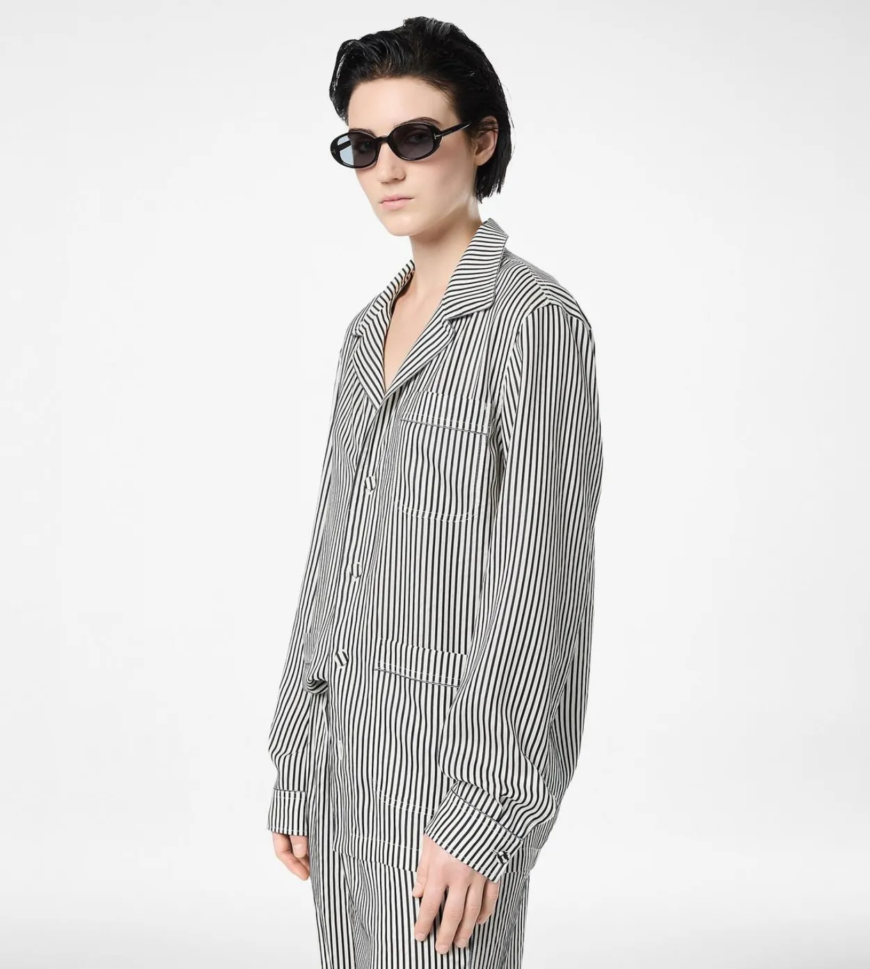 STRIPED SILK PJ SHIRT WITH PIPING AND TONAL TF EMBROIDERED LOGO