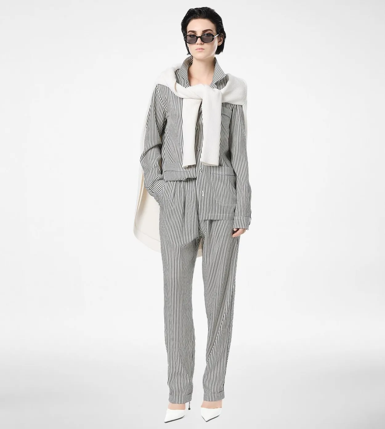 STRIPED SILK PJ SHIRT WITH PIPING AND TONAL TF EMBROIDERED LOGO