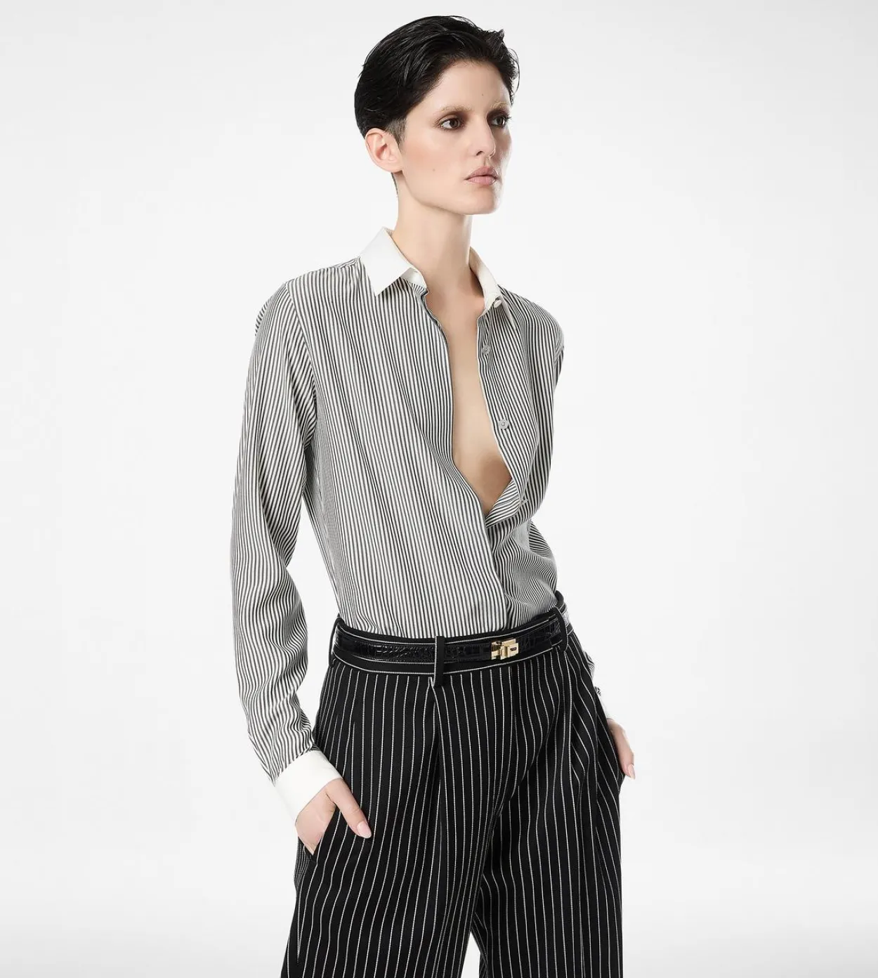 STRIPED SILK SHIRT WITH CONTRAST DETAILS