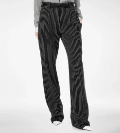 STRIPED WOOL COTTON BARATHEA RELAXED PLEATED STRAIGHT PANTS