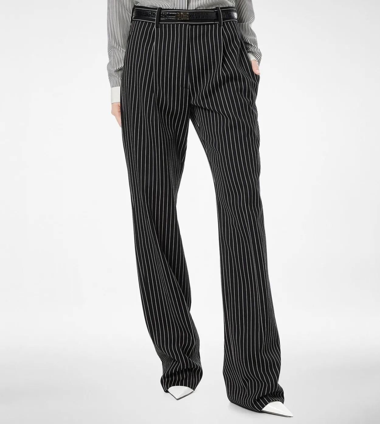 STRIPED WOOL COTTON BARATHEA RELAXED PLEATED STRAIGHT PANTS