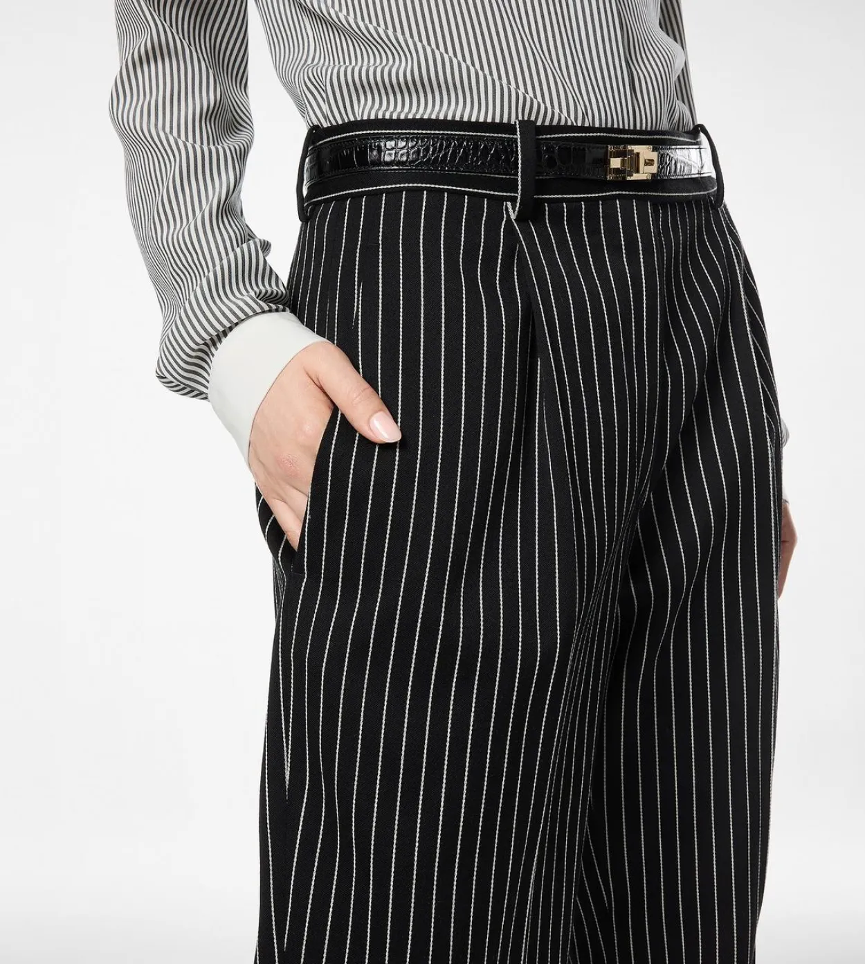 STRIPED WOOL COTTON BARATHEA RELAXED PLEATED STRAIGHT PANTS
