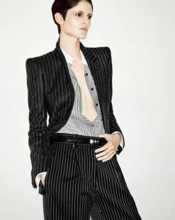 STRIPED WOOL COTTON BARATHEA RELAXED PLEATED STRAIGHT PANTS