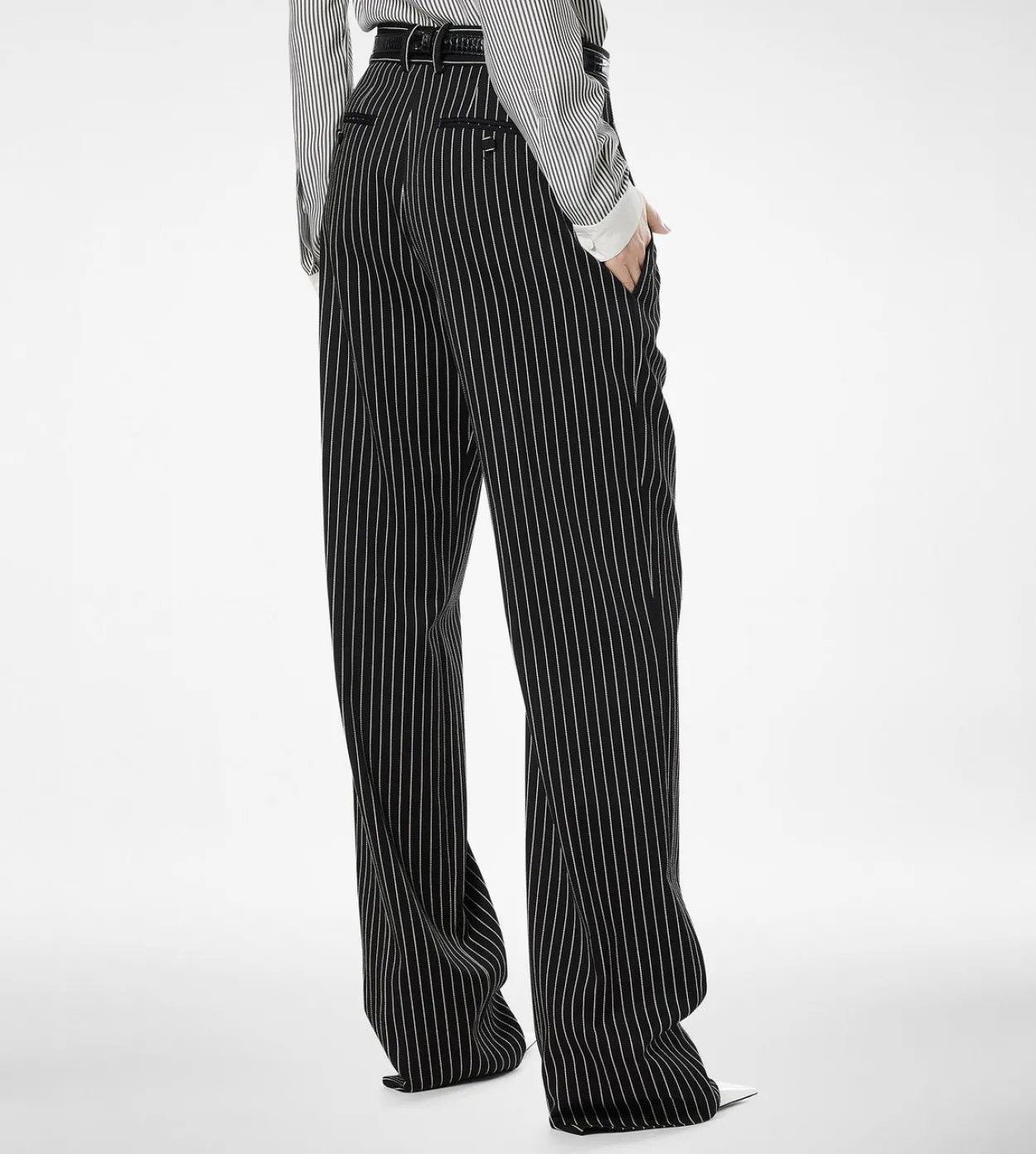 STRIPED WOOL COTTON BARATHEA RELAXED PLEATED STRAIGHT PANTS