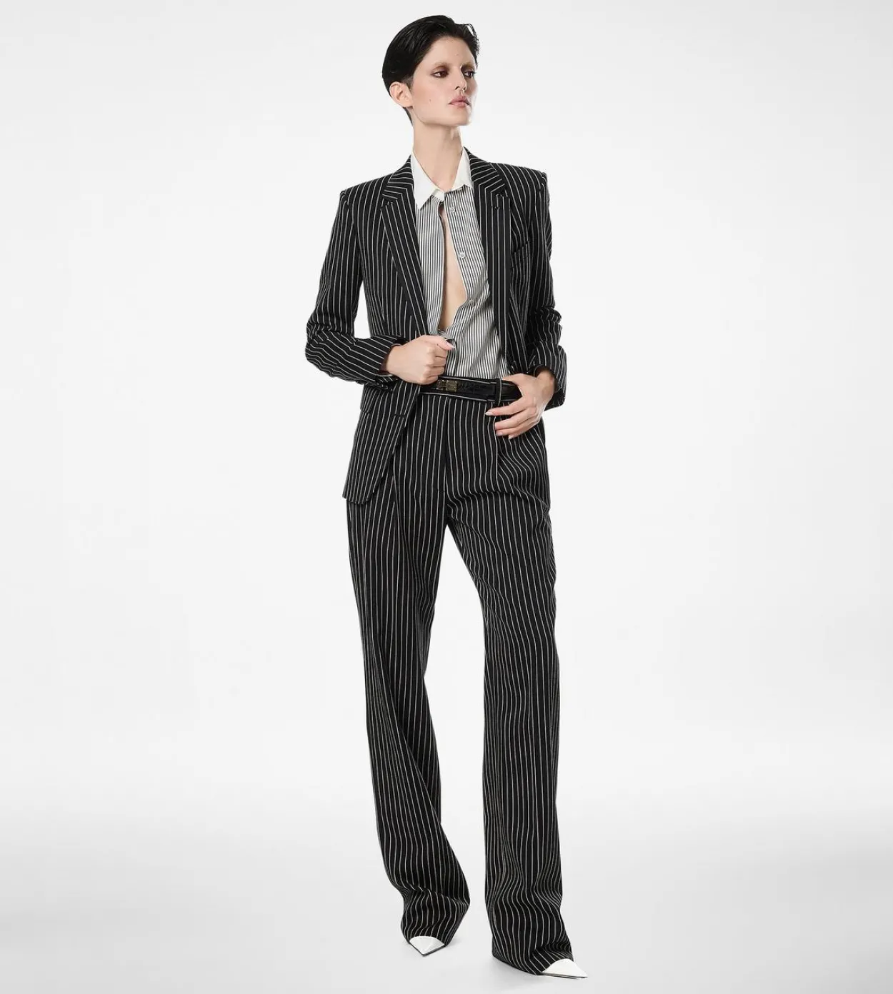 STRIPED WOOL COTTON BARATHEA RELAXED PLEATED STRAIGHT PANTS
