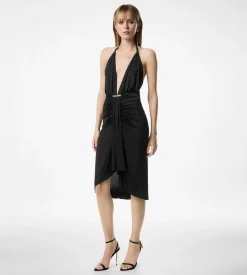 V-NECK COCKTAIL DRESS WITH DRAPED WATERFALL CENTRE FRONT DETAIL